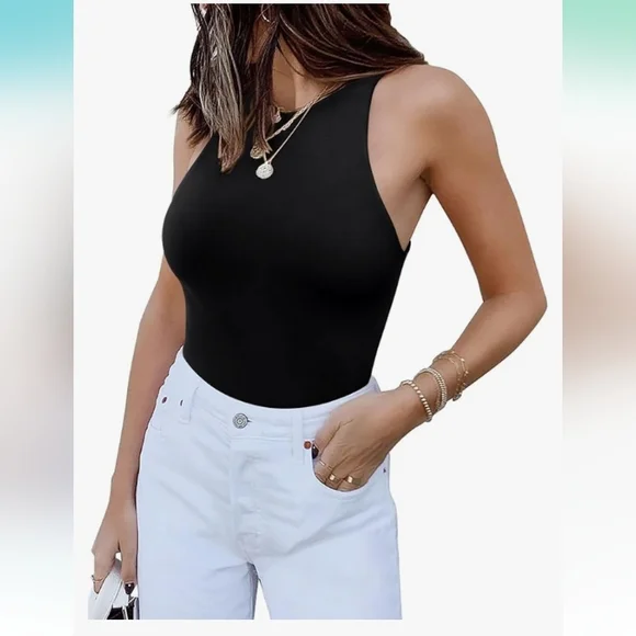Sexy Sleeveless Racer Back Halter Neck Thong Bodysuit Tank Top Black Sz M - Picture 3 of 10